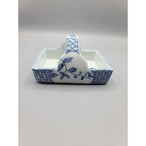 Fitz & Floyd Japan Square Trinket Basket Blue and White With Flowers Handle
